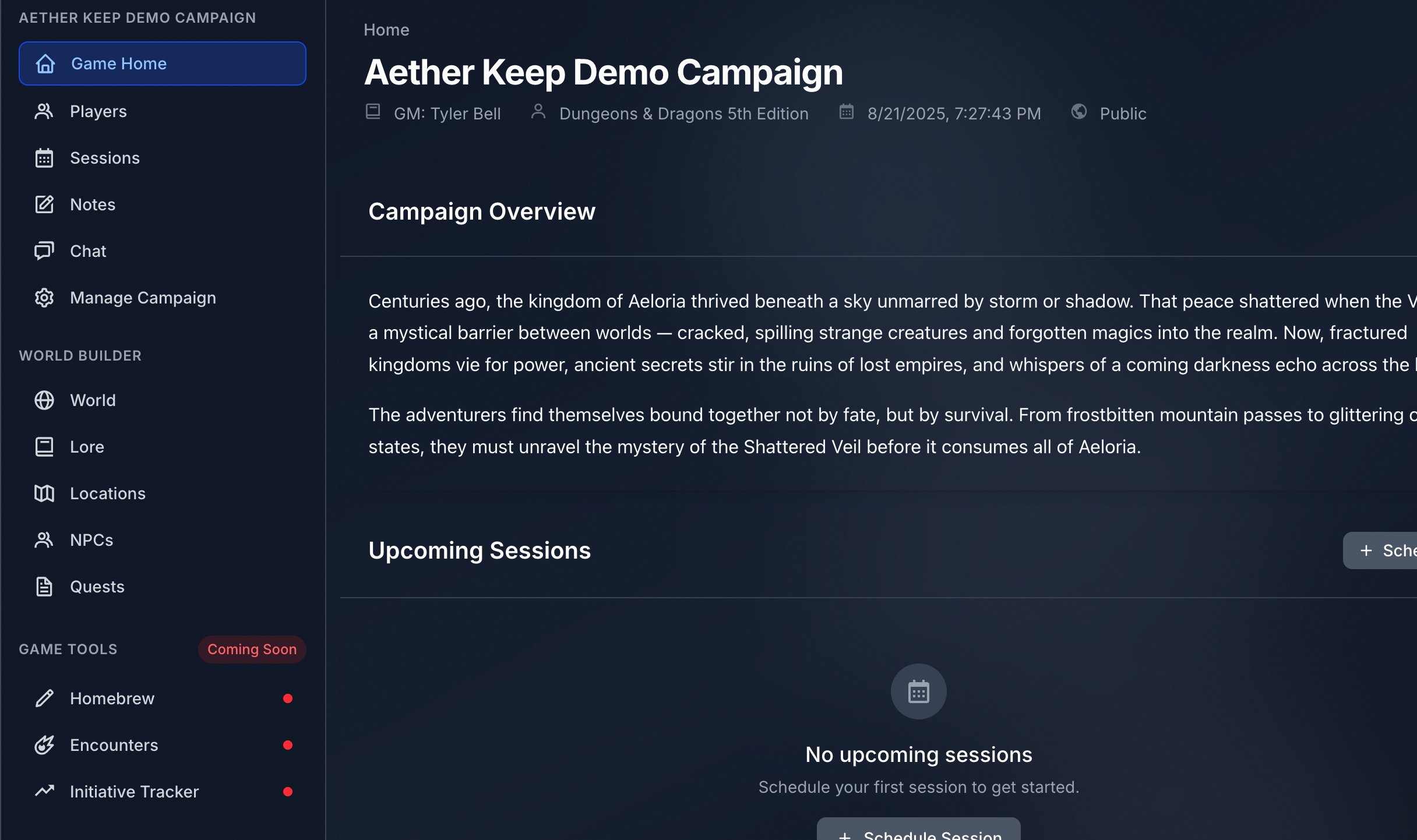 Aether Keep Campaign Interface - Dark Mode