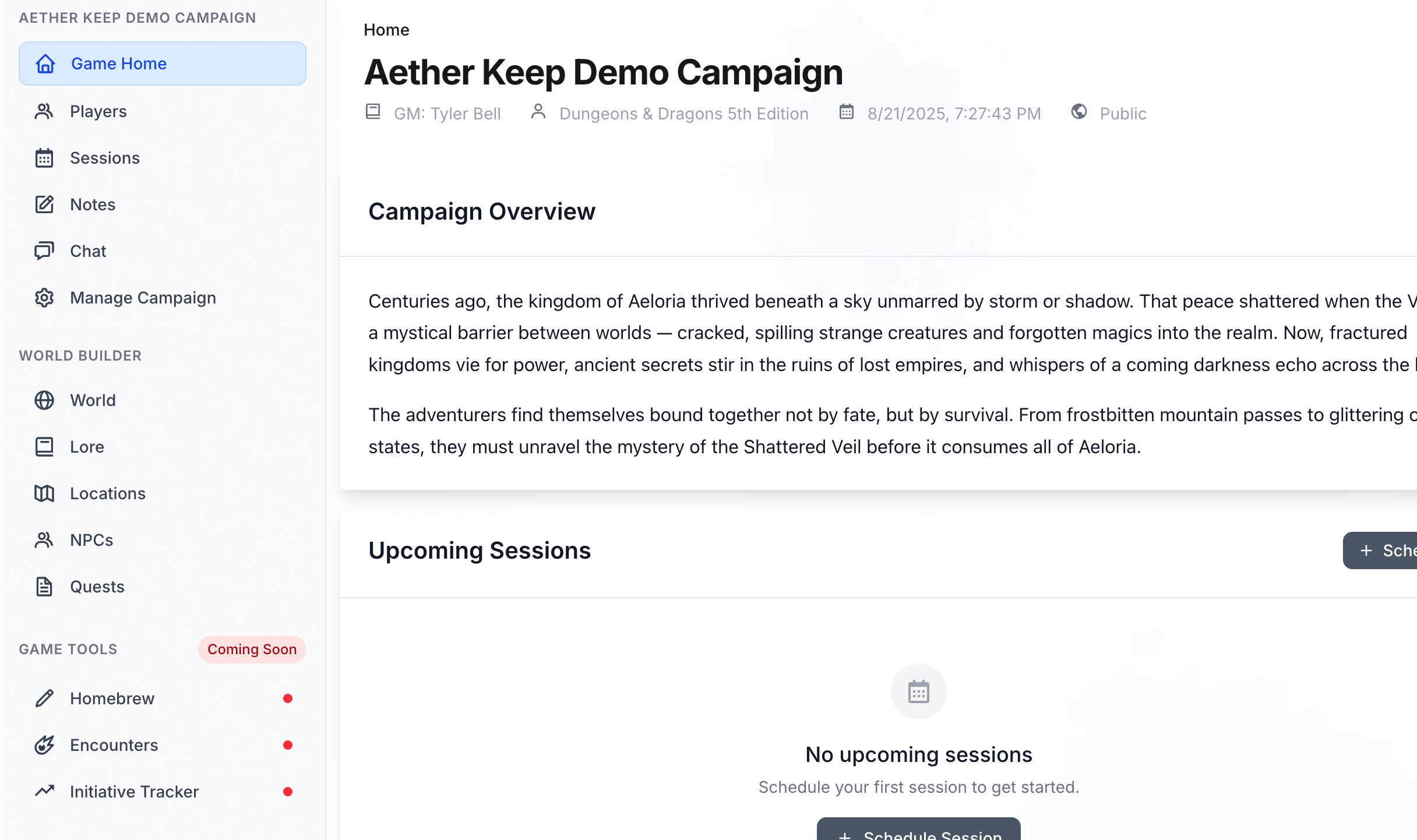 Aether Keep Campaign Interface - Light Mode
