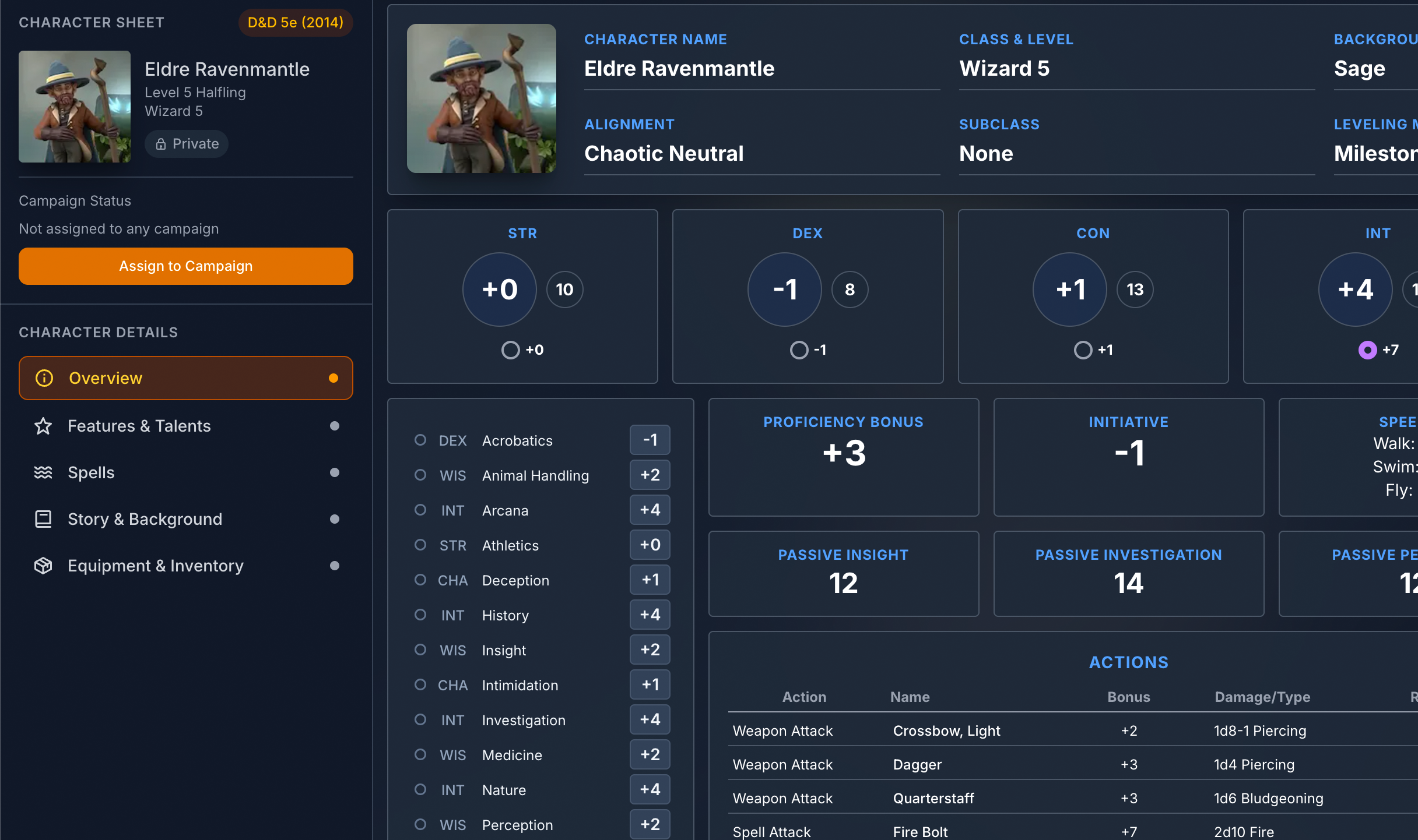 Aether Keep Character Interface - Dark Mode